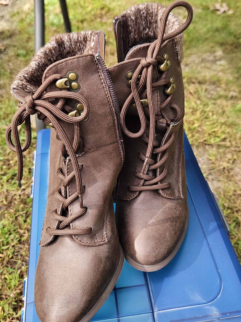 XOXO Brown Lace-Up Faux-Fur Ankle Booties